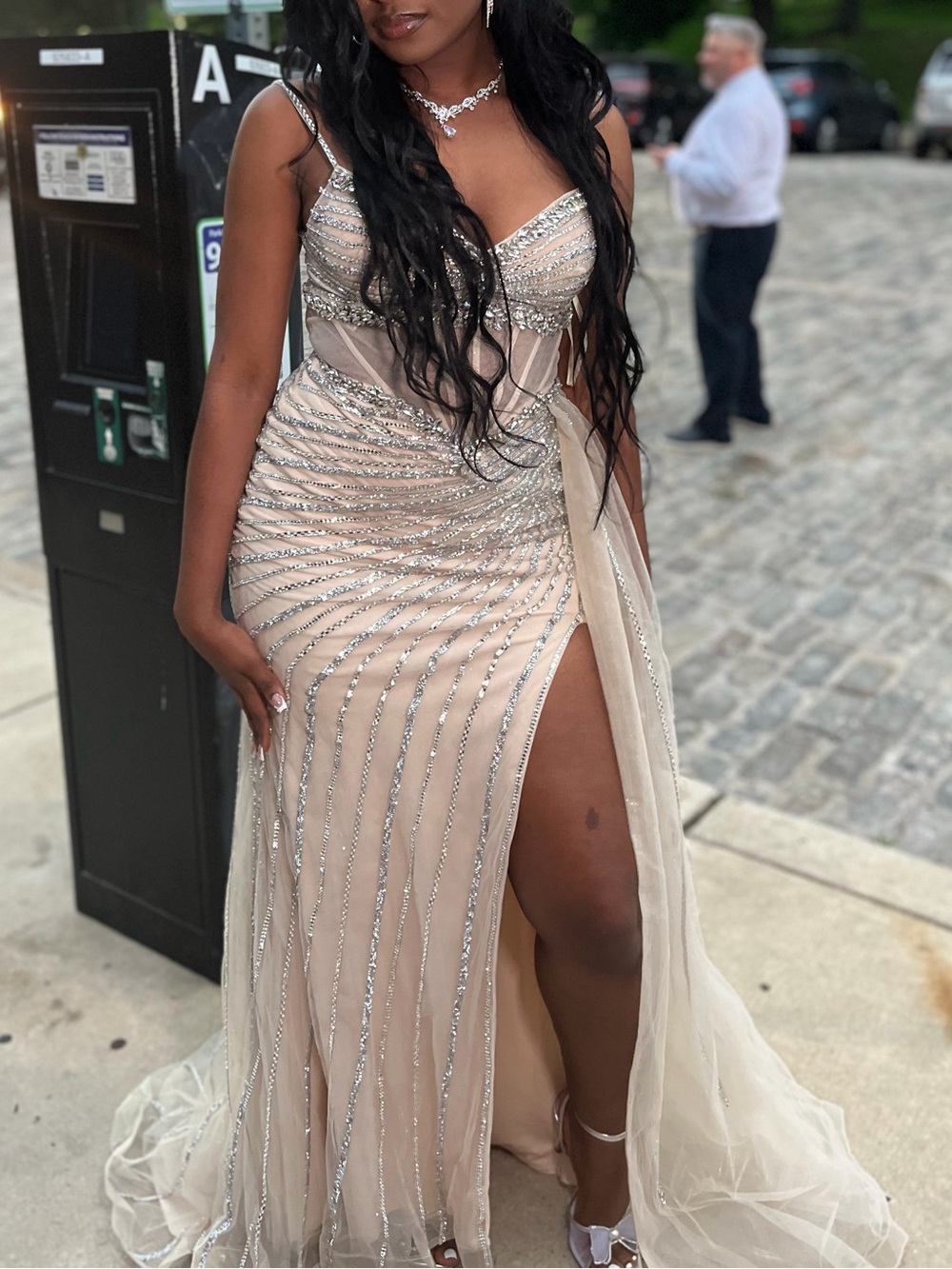 Embellished Nude Prom Gown with High Slit